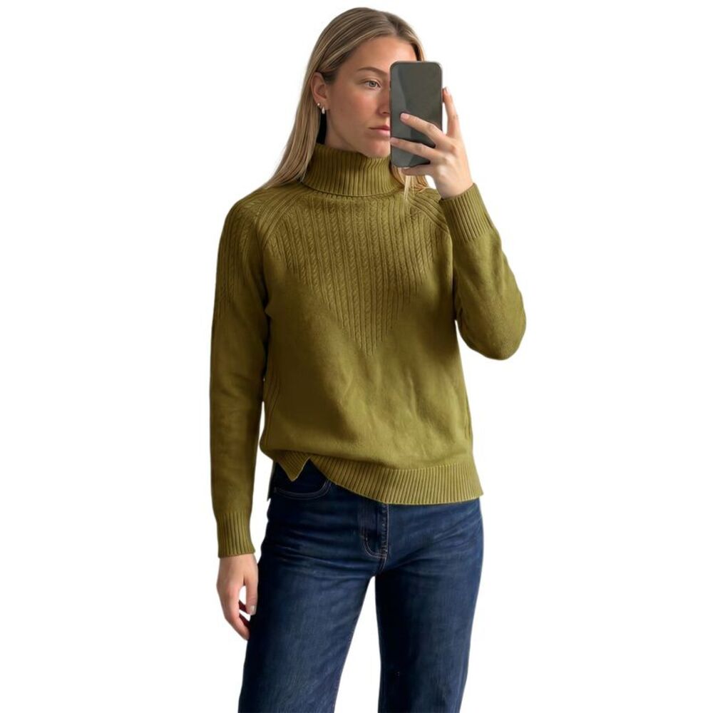 Women's Cable Turtleneck Raglan Vintage Split Hem Pullover Top Olive Green